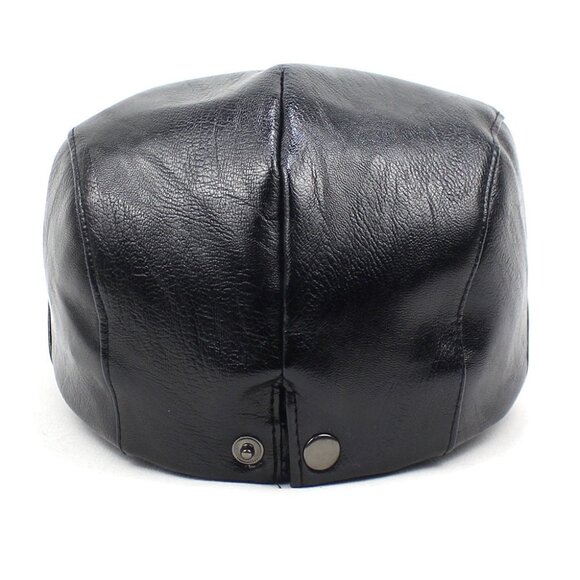 Black Mens Faux Leather Newsboy Ivy Flat Cap Driver Hat Vintage Golf Cabby Style - Picture 4 of 5